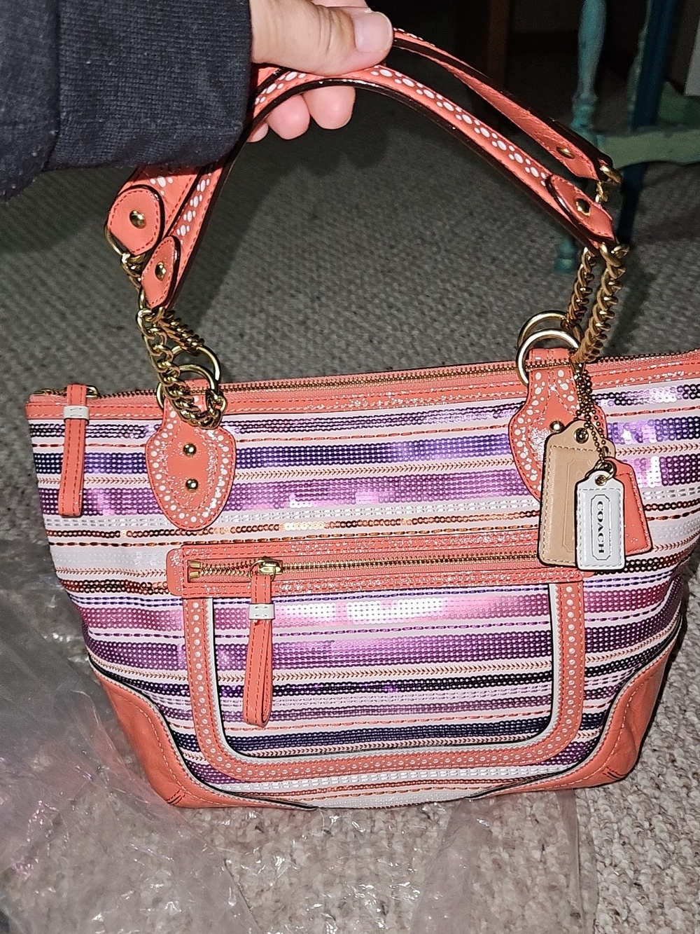 Coach Coral Trim Pink & Purple Striped Shoulder Bag